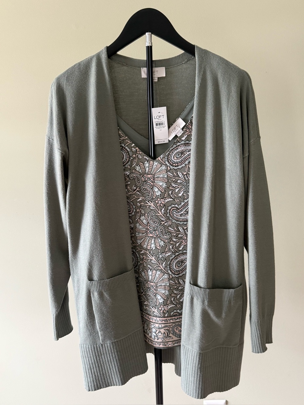 NWT LOFT Olive Green Open Front Sweater Cardigan w Paisley Shell; Med (20" P2P)